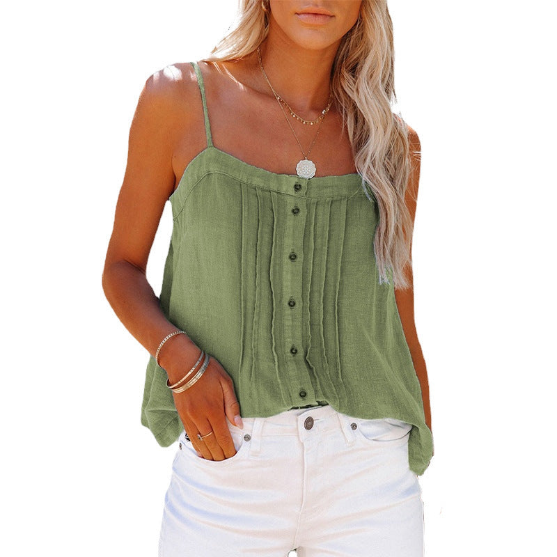 Damen luftiges Spaghettiträger-Oberteil mit kariertem Design und Knopfdetails EB