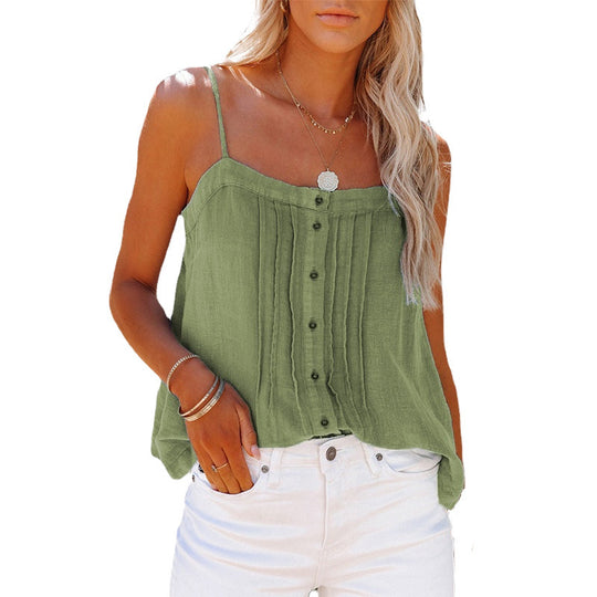 Damen luftiges Spaghettiträger-Oberteil mit kariertem Design und Knopfdetails EB