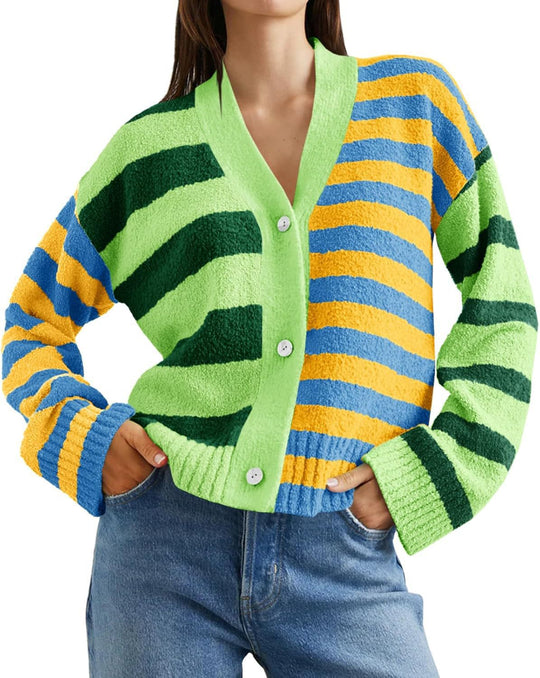 Damen lockerer gestreifter Frottee-Cardigan mit V-Ausschnitt und Knopfleiste EB