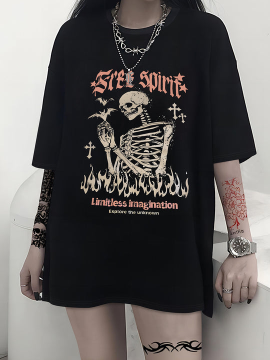 Damen T-Shirt mit künstlerischem Skelettmotiv und einzigartigem Druck EB