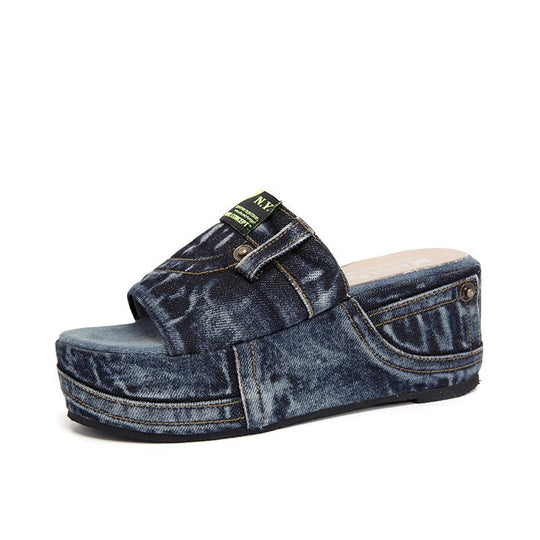 Damen nan Denim-Optik Plateau-Pantolette mit offener Zehenpartie und gepolstertem Fußbett EB