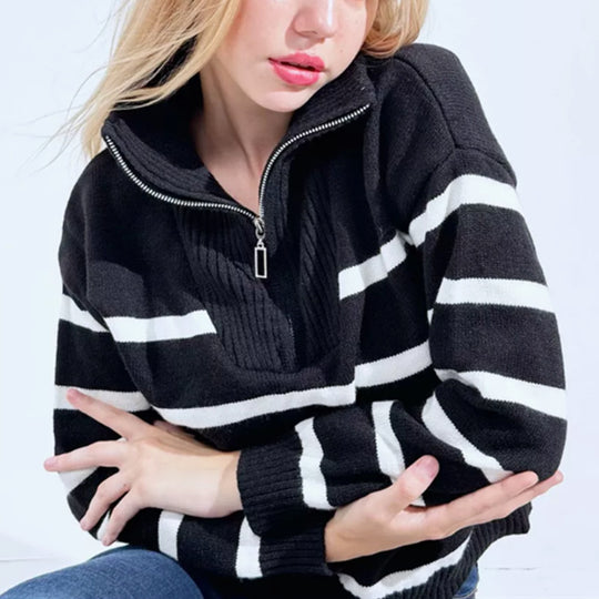 Damen Gestreifter Strickpullover mit kurzem Reißverschluss und Polokragen EB