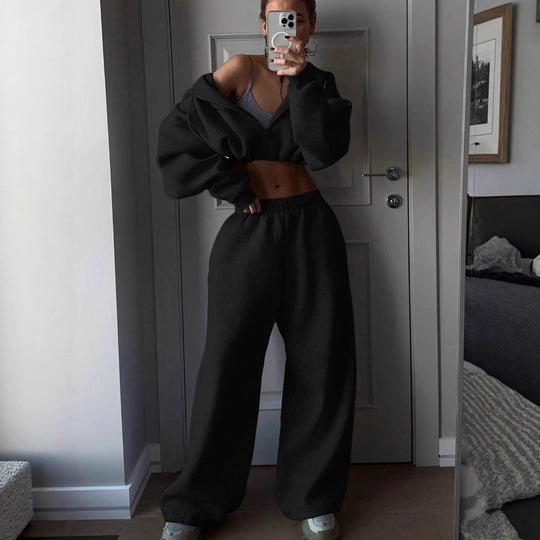 Damen nan kurzes Zip-Hoodie Cropped Sweatshirt mit Kordelzug, angesetzten Ballonärmeln und elastischem Saum EB