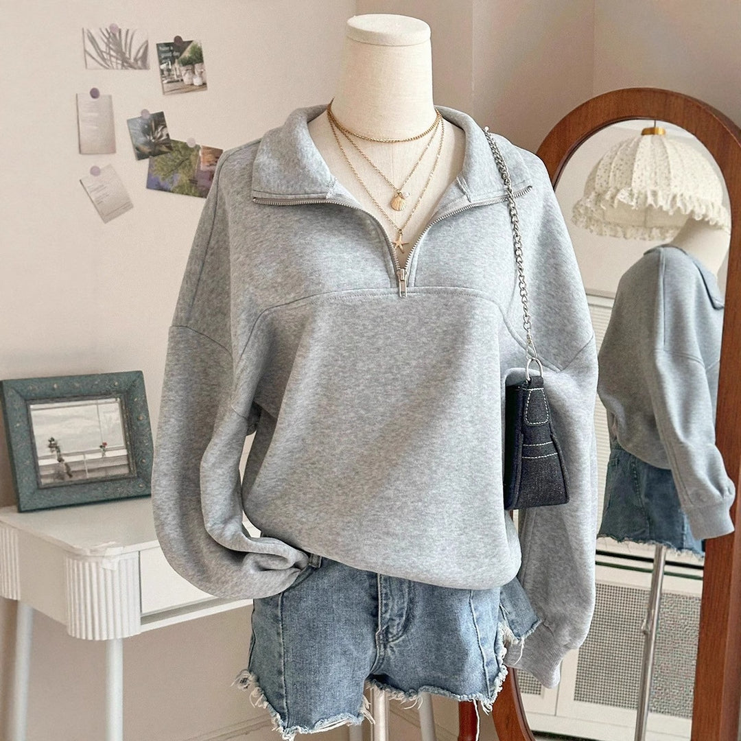 Damen nan Oversize Sweatshirt mit halbem Reißverschluss, Stehkragen und Ballonärmeln EB