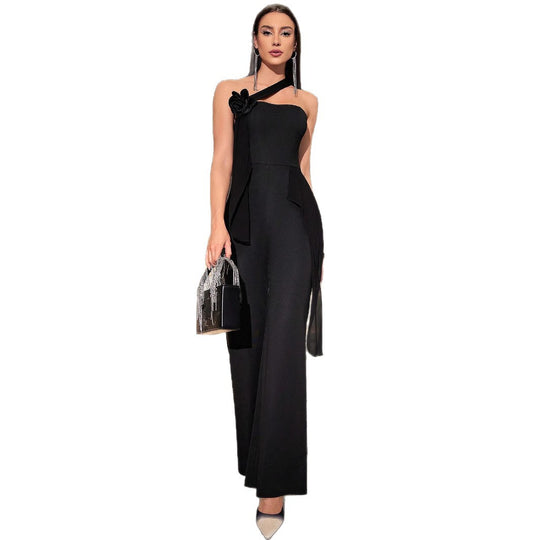 Damen Eleganter Ein-Schulter-Jumpsuit mit floralem Detail und weitem Bein EB