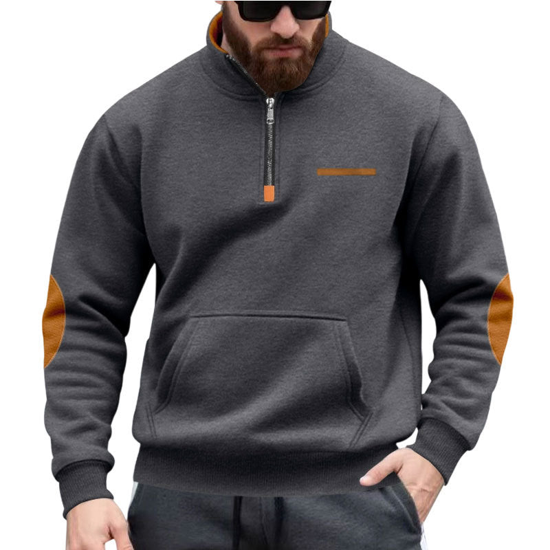 Herren nan Halbzip-Sweatpullover mit Stehkragen, Kängurutasche und Ellenbogenbesatz EB