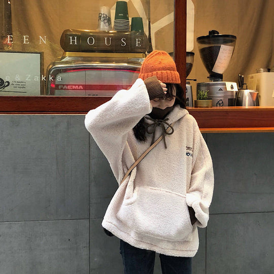 Damen kuscheliger Kapuzenpullover im Oversized-Stil mit vorderer Kängurutasche und elastischen Bündchen EB