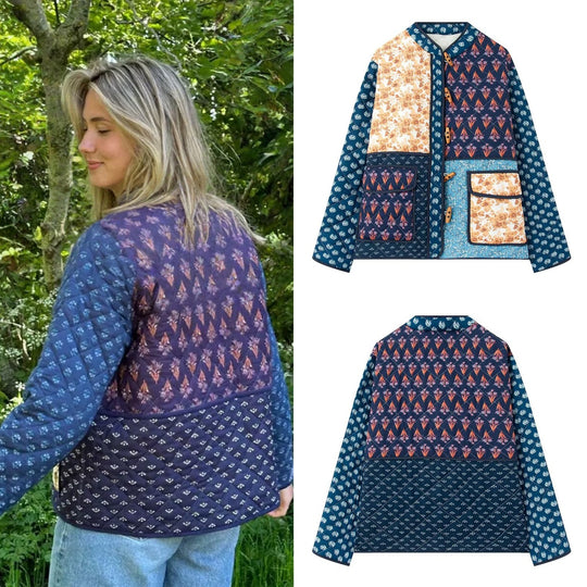 Damen Patchwork Steppjacke mit aufwendigen Mustern und praktischen Taschen EB