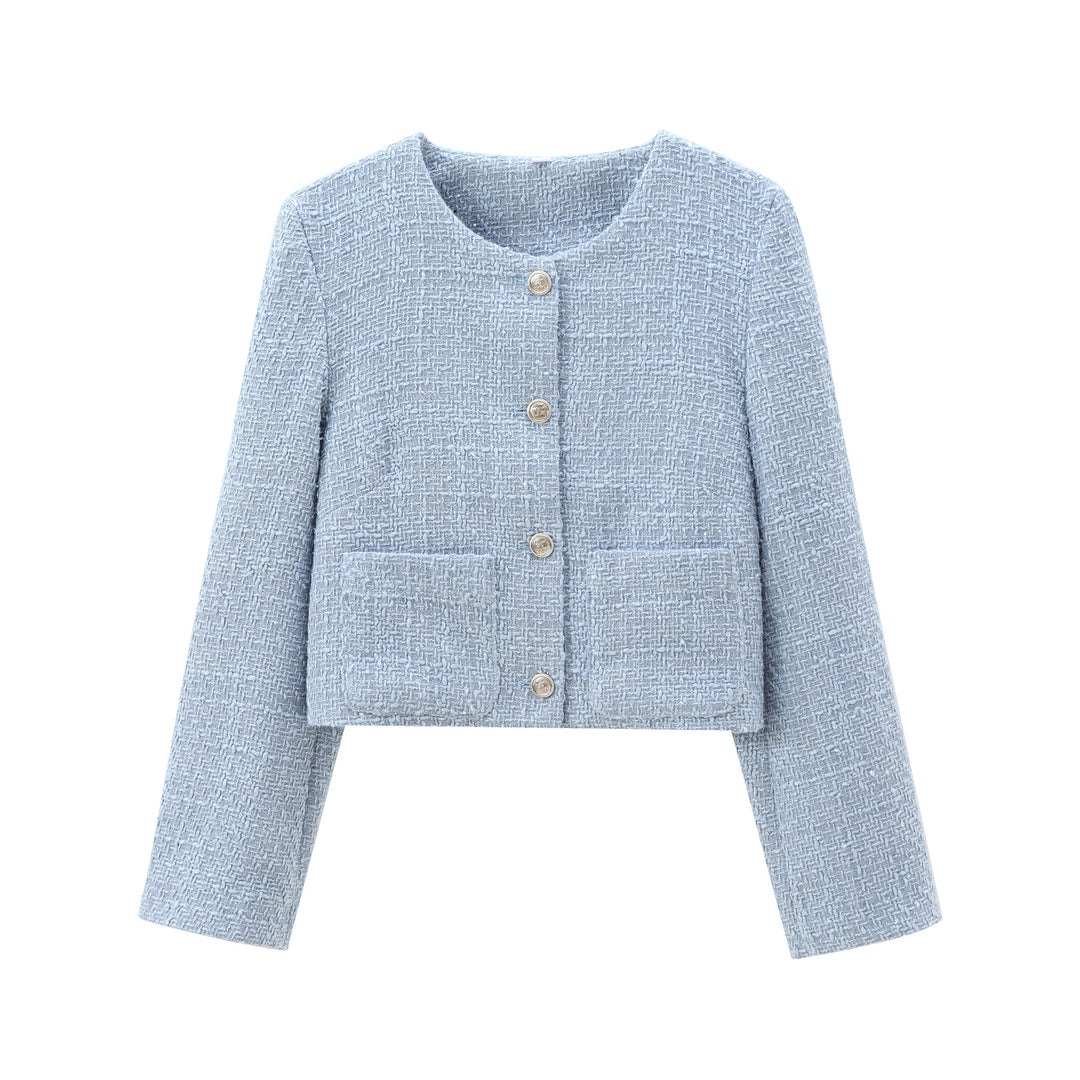 Damen elegante Kurzjacke im strukturierten Tweed-Stil mit praktischen Taschen EB