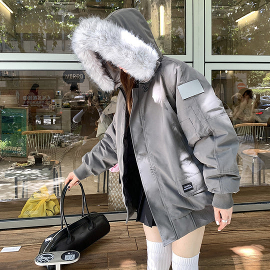 Damen Stylische und isolierte Pufferjacke mit abnehmbarem Kunstfellkragen EB