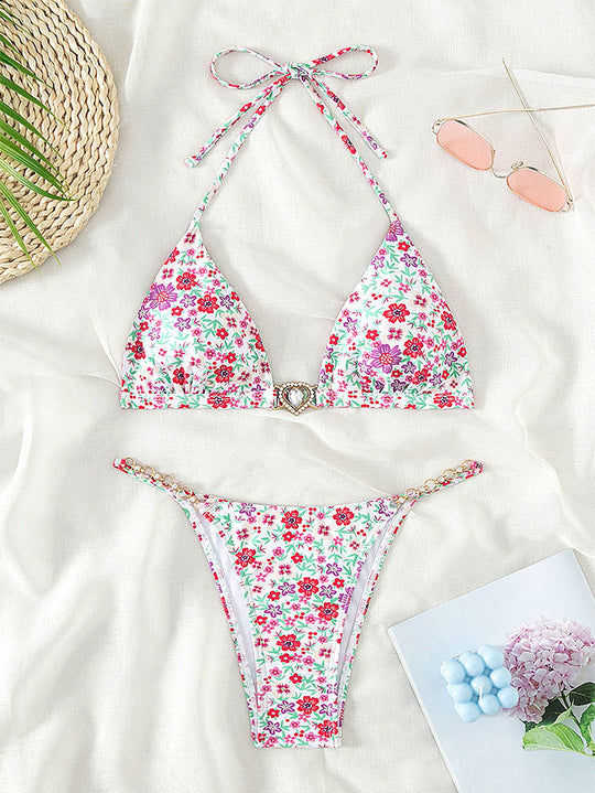 Damen Triangel-Bikini mit dekorativen Kettendetails und floralen Akzenten EB