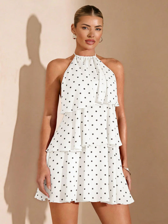 Damen Rüschensommerkleid mit gepunktetem Design und zauberhaftem Ausschnitt EB