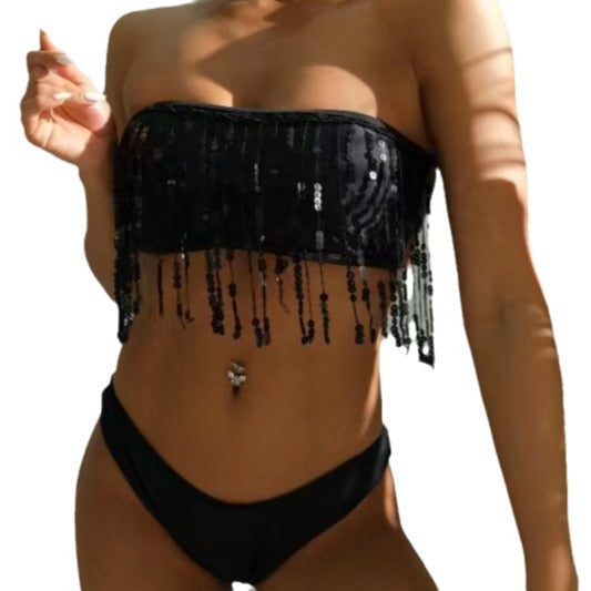 Damen Bandeau-Bikini mit glitzernden Quasten EB