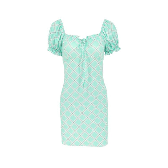 Damen figurbetontes Minikleid mit Puffärmeln und Karomuster EB