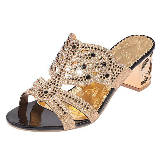 Damen nan verzierte Sandalette mit mittelhohem Blockabsatz und funkelndem Strassbesatz EB