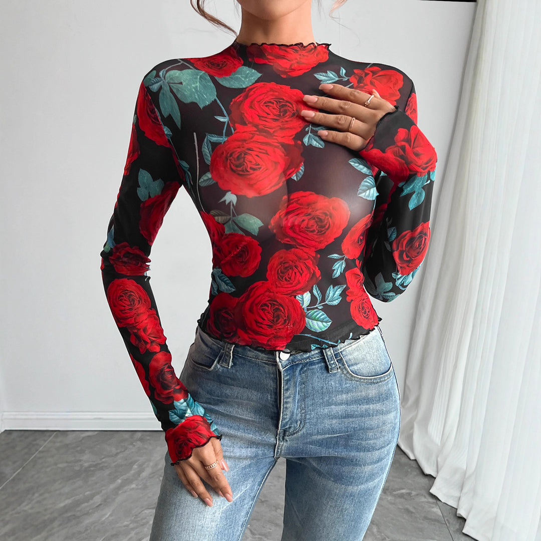 Damen Transparente Bluse mit floralem Muster und hohem Kragen EB