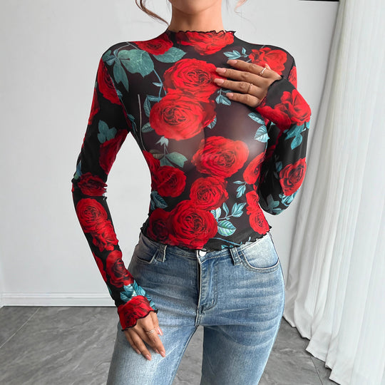 Damen Transparente Bluse mit floralem Muster und hohem Kragen EB