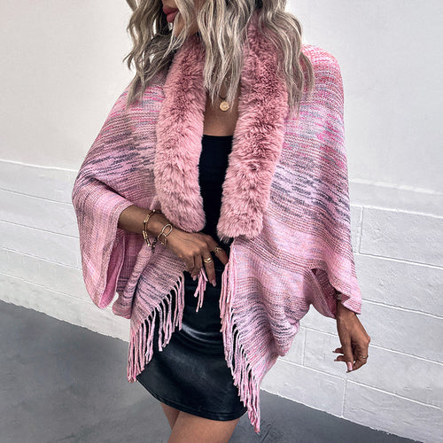 Damen eleganter Poncho mit luxuriösem Kunstfellkragen und fransigem Saum EB
