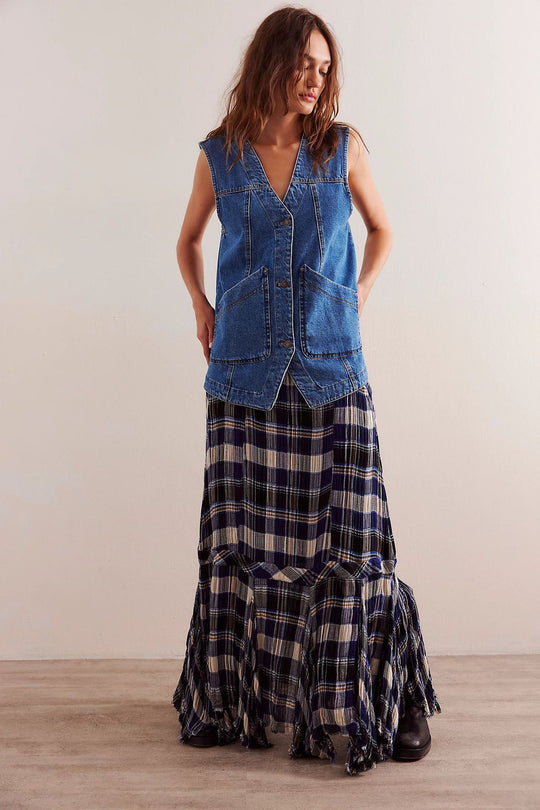 Damen Denim-Latzjacke mit praktischen Taschen und modischem V-Ausschnitt EB
