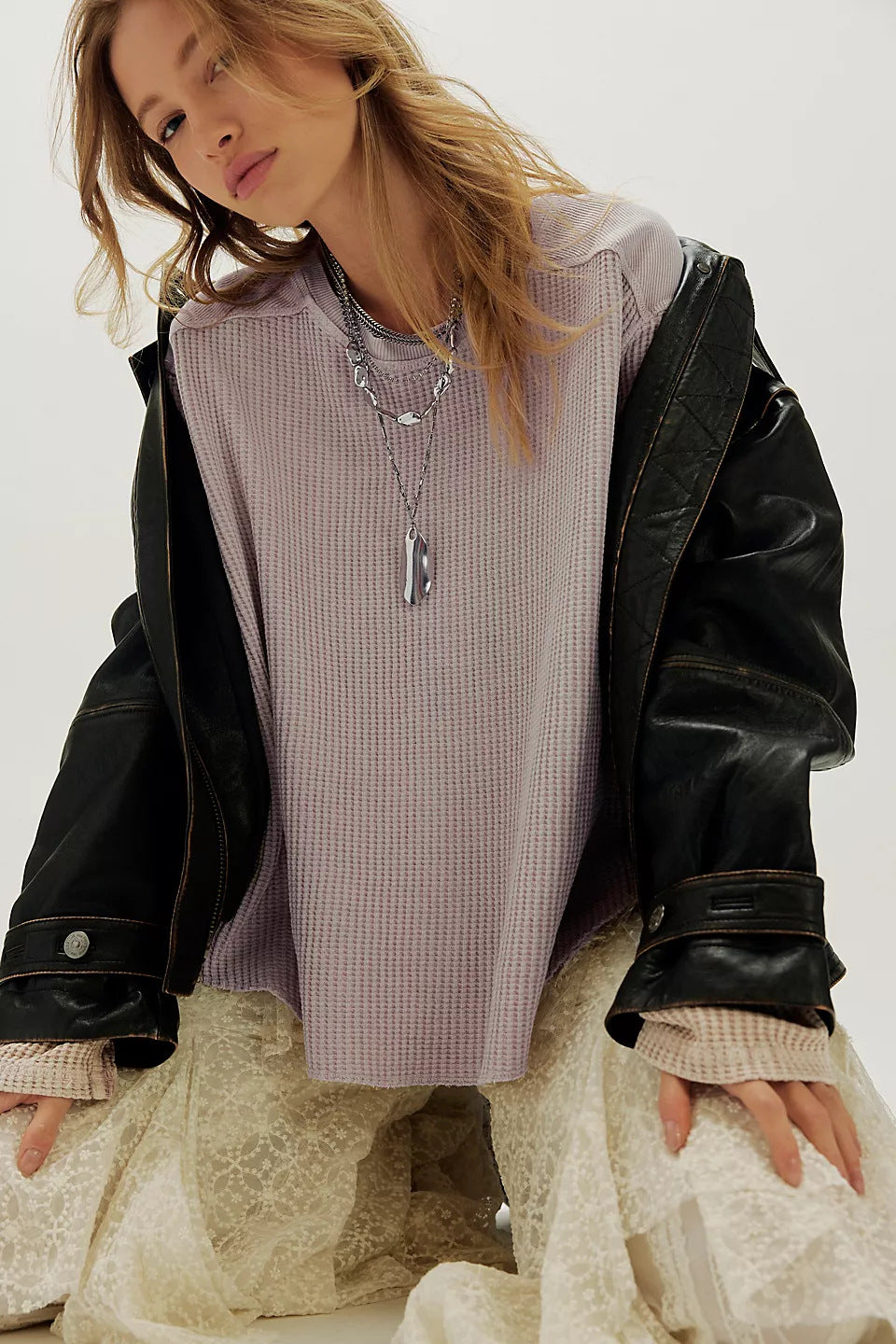 Damen Oversized Waffelstrick-Pullover mit weitem Schnitt und tiefem Raglan EB