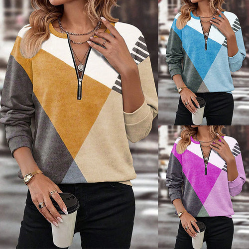 Damen Sportlicher Sweatshirt mit halbem Reißverschluss und trendigem Kontrast-Design EB