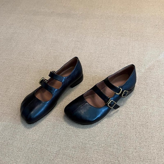 Damen elegante Ballerinas mit doppeltem Schnallenverschluss und veganer Lederoberfläche EB
