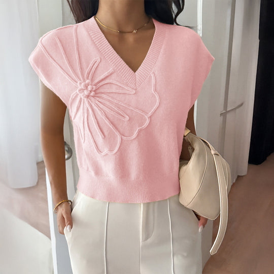 Damen V-Ausschnitt Strickoberteil mit floralem Relieffinish EB