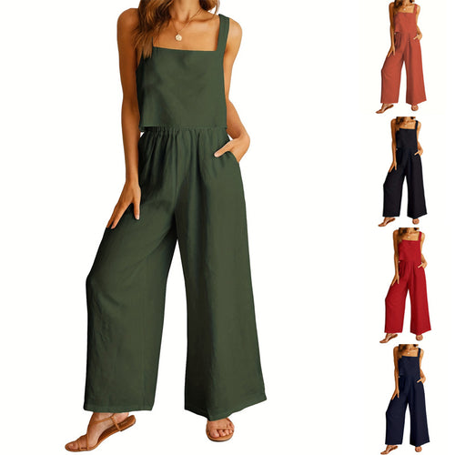 Damen Luftiger Jumpsuit mit weitem Bein und verstellbarem Taillenbund EB