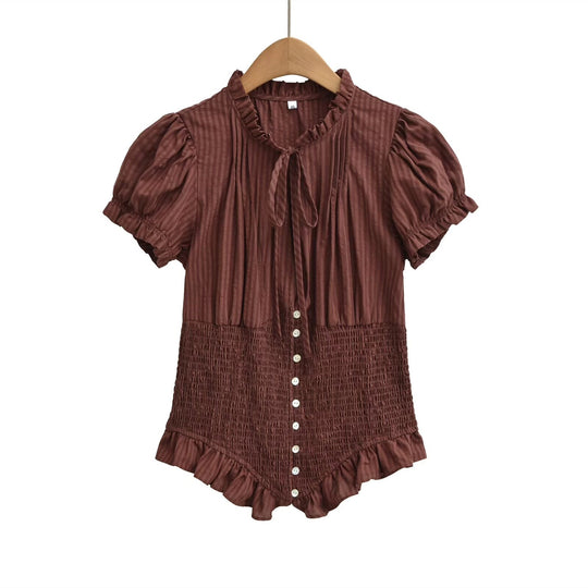 Damen Kurzarmbluse mit Rüschendetails und gerafftem Design EB