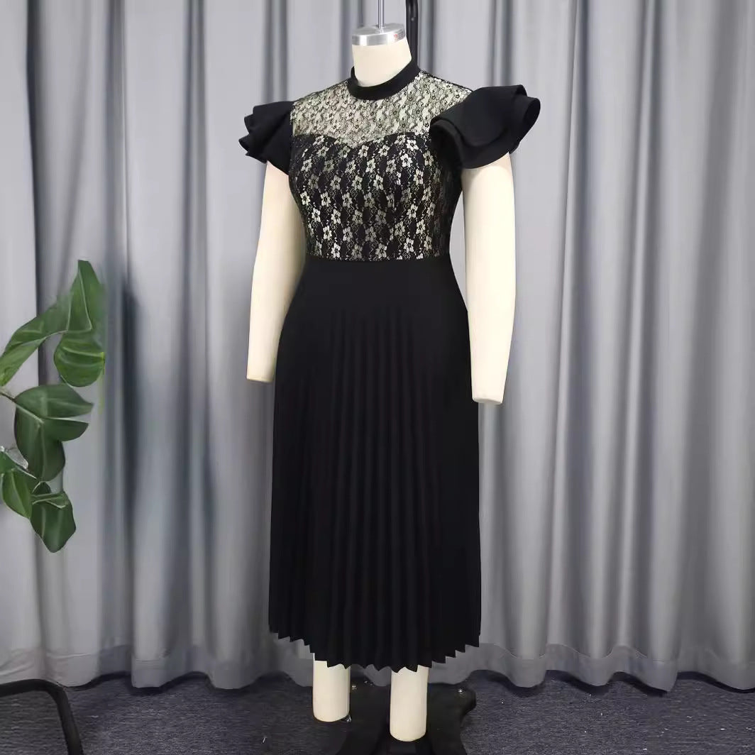 Damen Elegantes Plisseekleid mit floralem Spitzenoberteil EB