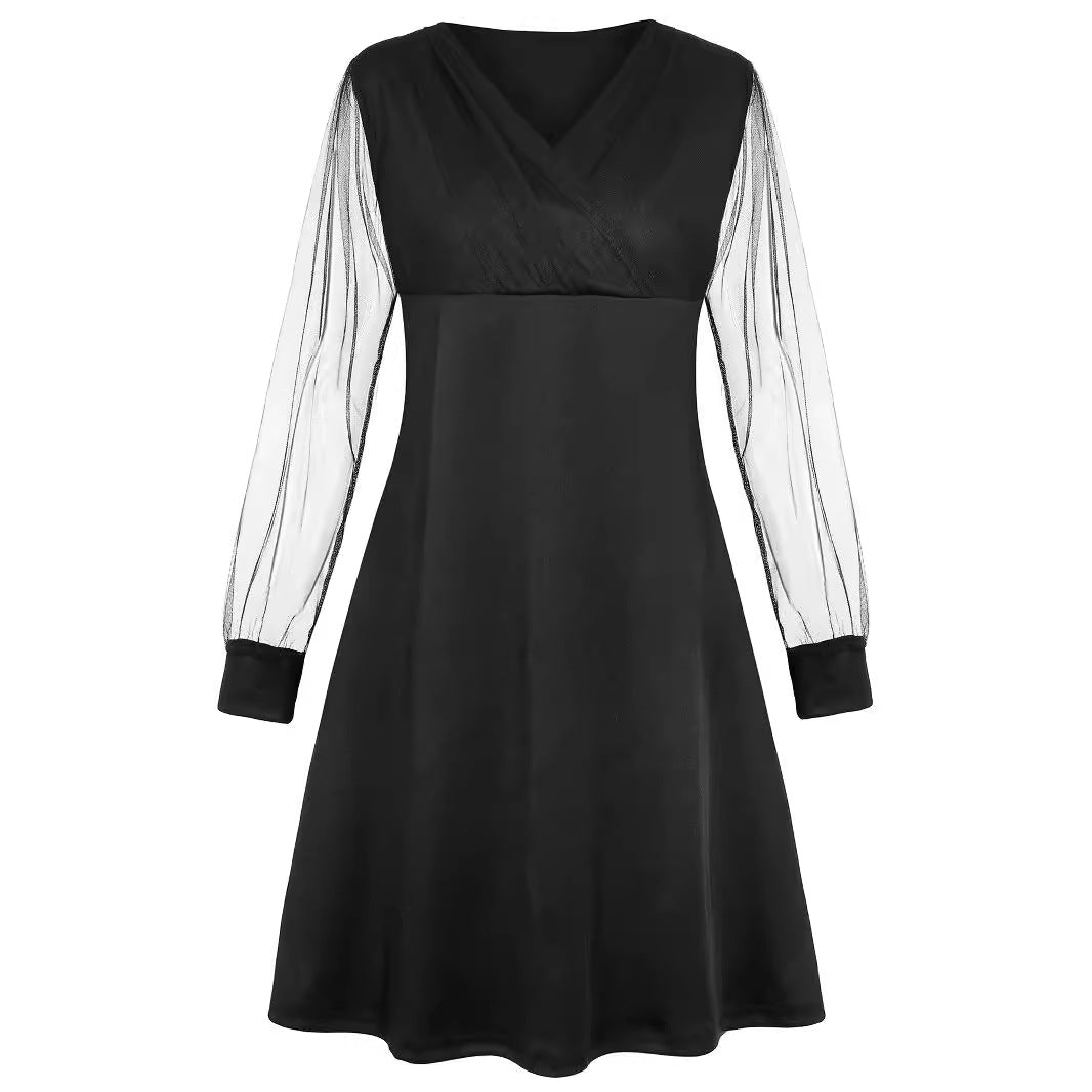 Damen nan elegant tailliertes A-Linien-Kleid mit transparenten Mesh-Ärmeln EB
