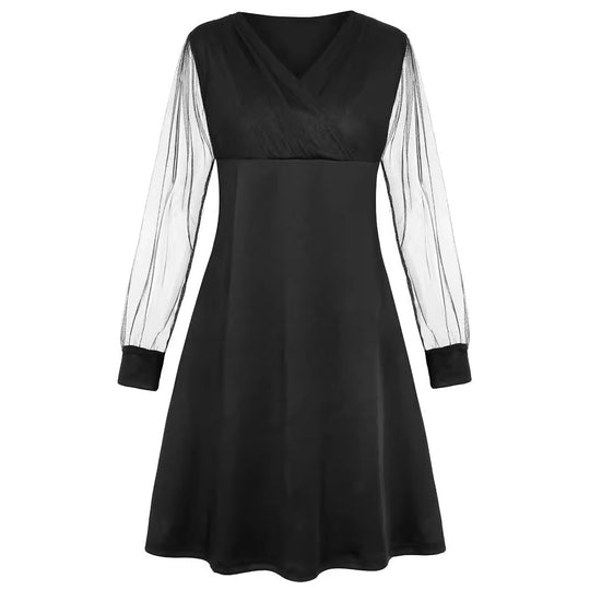 Damen nan elegant tailliertes A-Linien-Kleid mit transparenten Mesh-Ärmeln EB