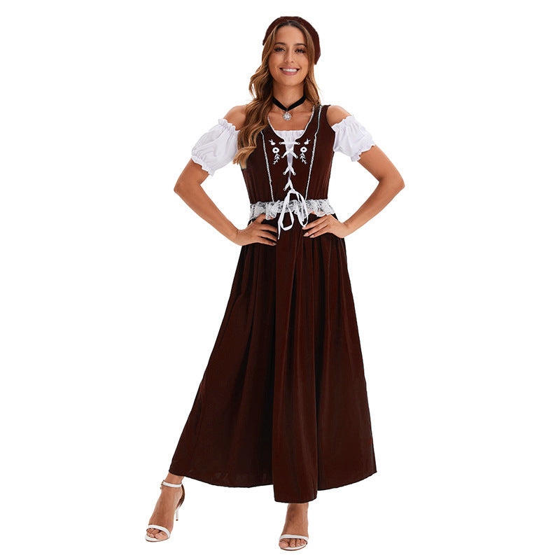 Damen nan langes Trachtenkleid im Dirndlstil mit Corsage-Schnürung und Spitzenbund EB