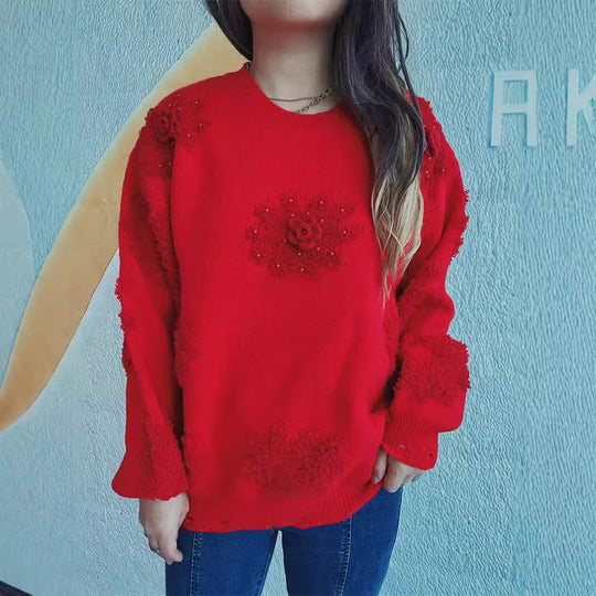 Damen Strickpullover mit romantischen Blumenapplikationen und weichem Material EB