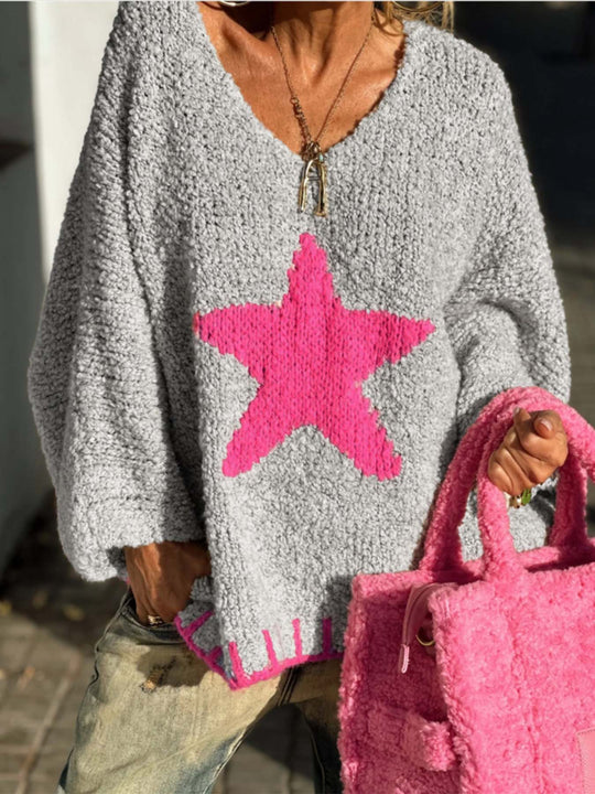 Damen Strickpullover mit V-Ausschnitt und auffälligem Sternenmuster EB