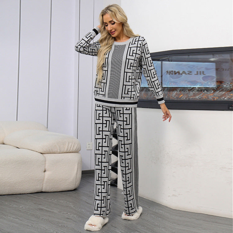 Damen modisches und komfortables Strick-Loungewear-Set mit grafischem Muster EB