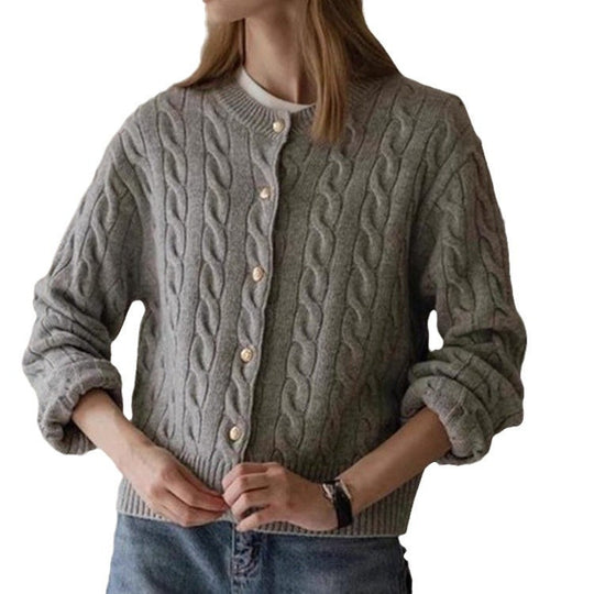 Damen eleganter Strickcardigan mit ausgefallenem Zopfmuster und dekorativen Knöpfen EB