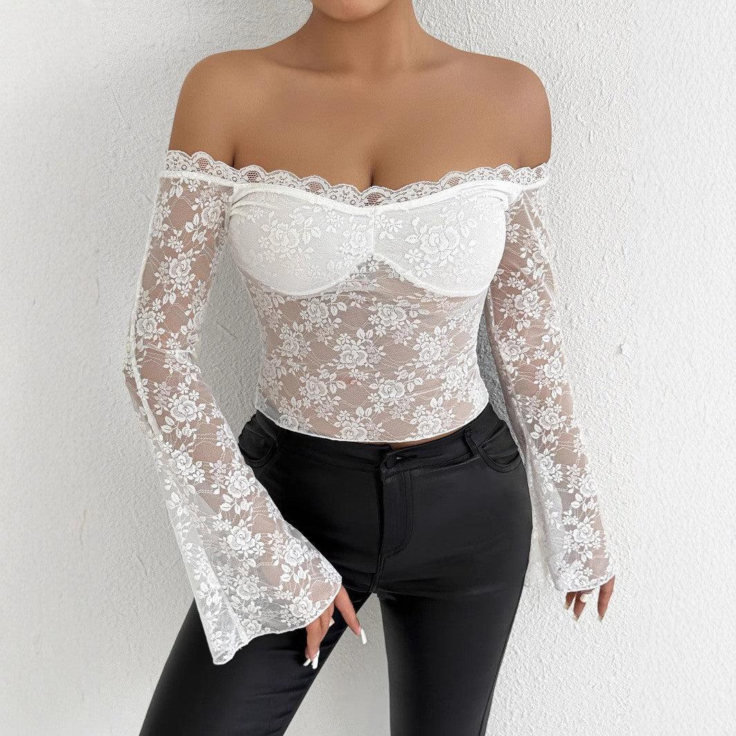 Damen Spitzenoberteil mit schulterfreiem Design und eleganten Trompetenärmeln EB