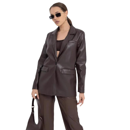 Damen minimalistische und elegante Kunstleder Blazer EB
