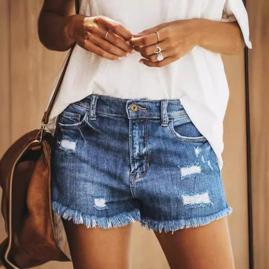 Damen Jeans-Shorts mit fransigen Säumen und distressed Details EB