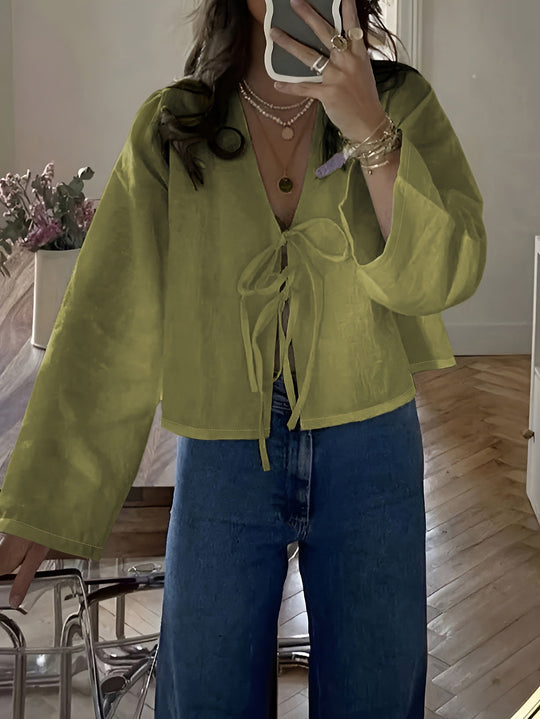 Damen cropped Bluse mit Bindeband und lockerer Passform EB