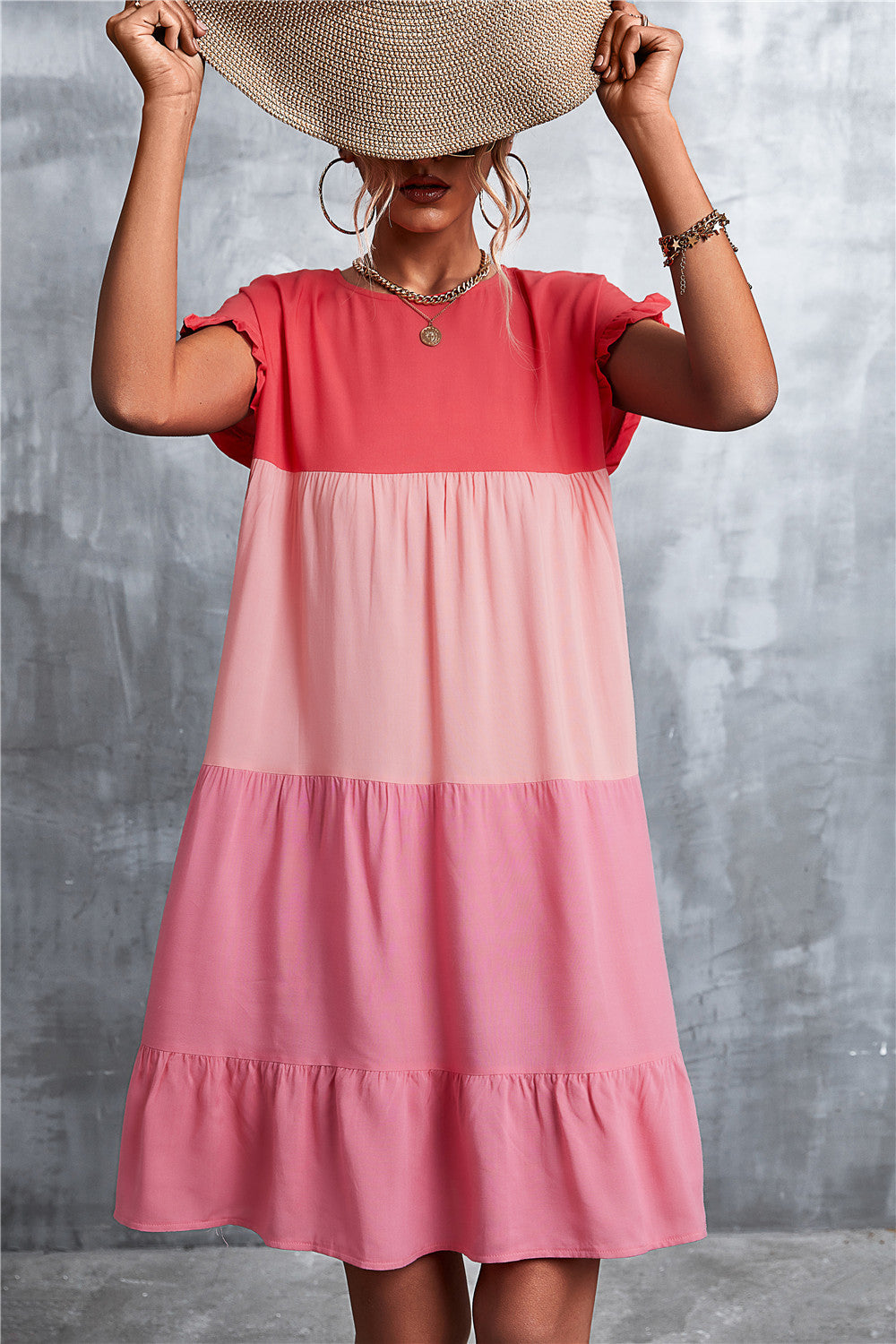 Damen lässiges Sommerkleid mit Rüschendetails und fließendem Schnitt EB