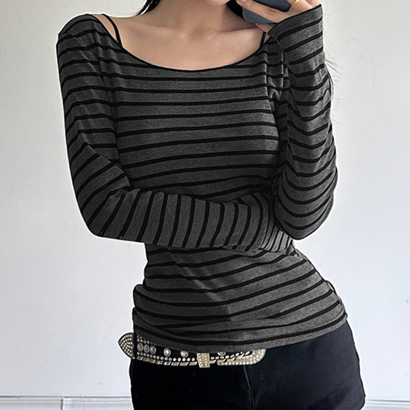 Damen nan schulterfreies gestreiftes Langarmshirt mit weitem U-Boot-Ausschnitt und figurbetonter Taillierung EB