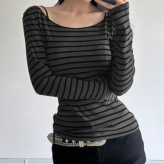 Damen nan schulterfreies gestreiftes Langarmshirt mit weitem U-Boot-Ausschnitt und figurbetonter Taillierung EB