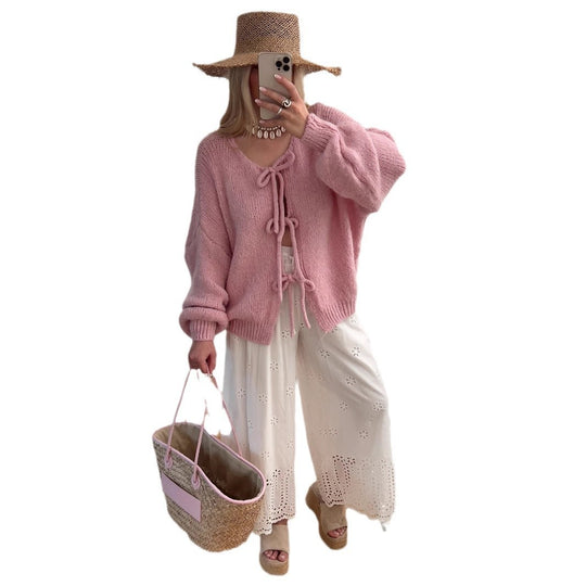 Damen Grobgestrickter Offener Cardigan mit Bindebändern, Oversize‑Silhouette und Raglanärmeln EB