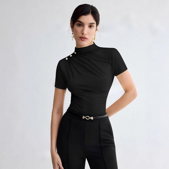 Damen elegantes Oberteil mit dekorativen Knopfdetails und modernem Stehkragen EB