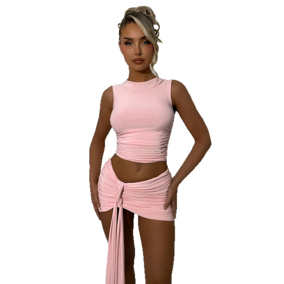 Damen modisches Set mit gerafftem Oberteil und Wickeltop-Rock EB