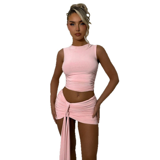 Damen modisches Set mit gerafftem Oberteil und Wickeltop-Rock EB