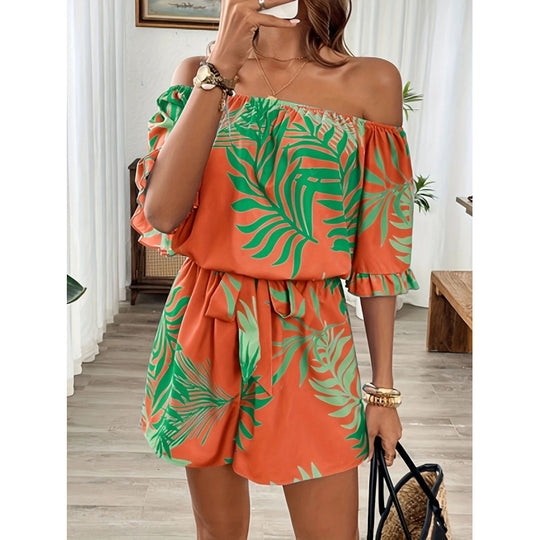 Damen Off-Shoulder Jumpsuit mit floralem Design und elastischem Bund EB