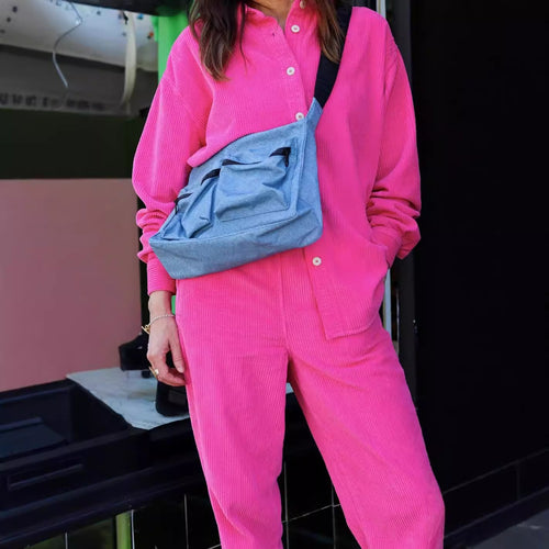 Damen Lässiges Cord-Set mit Knopfleiste und praktischen Taschen EB